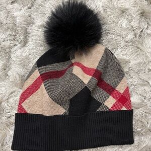 Rachel Zoe Plaid Beanie with Pom Pom - Black, Red, Tan